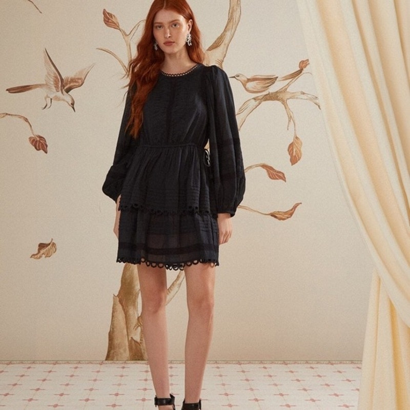 Nwt Farm Rio Black Cotton Lace Tiered Mini Dress Size Large Boho Sophisticated